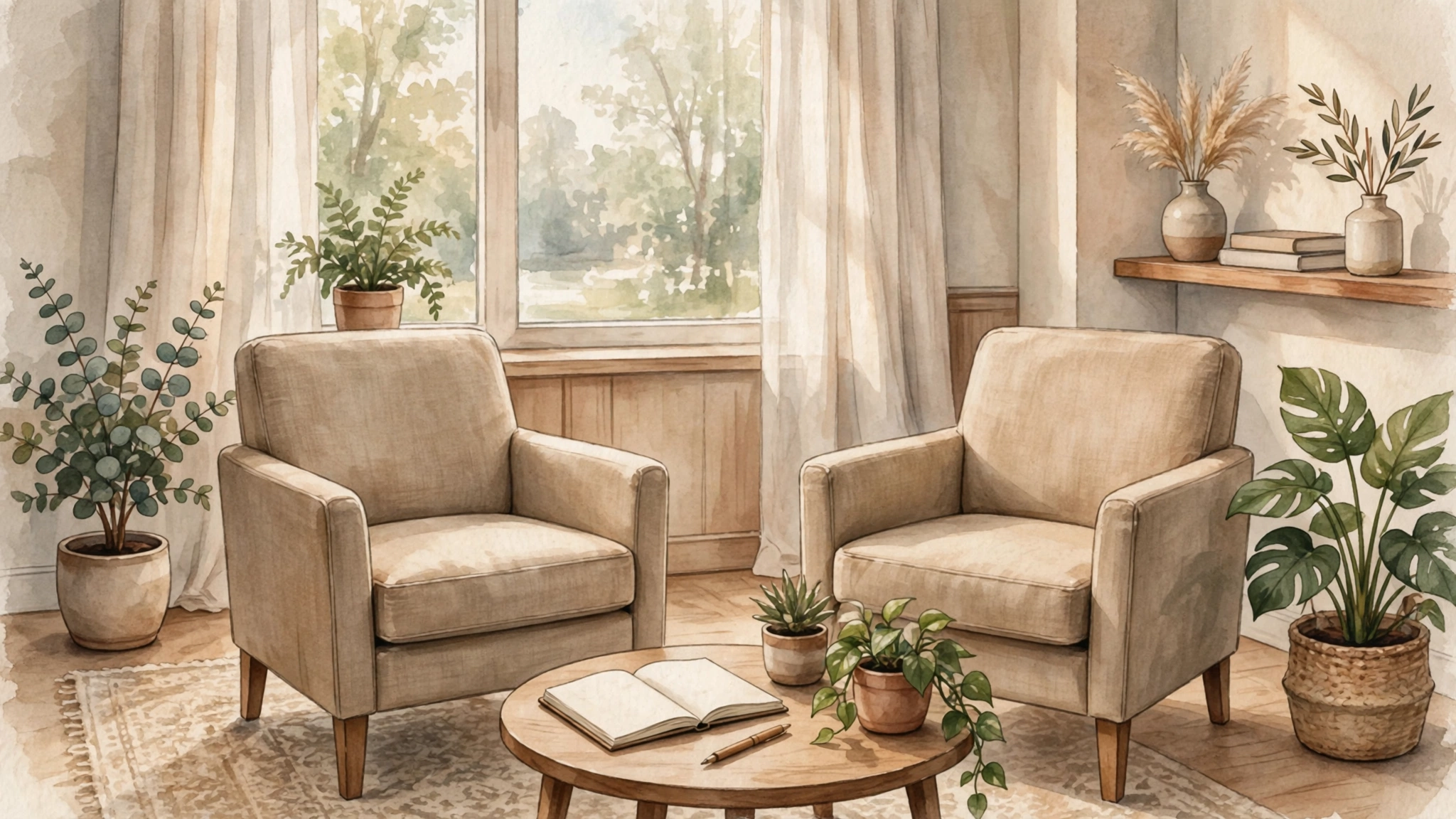 Calm therapist office with chairs facing each other, symbolizing couples counseling for social media jealousy relationships