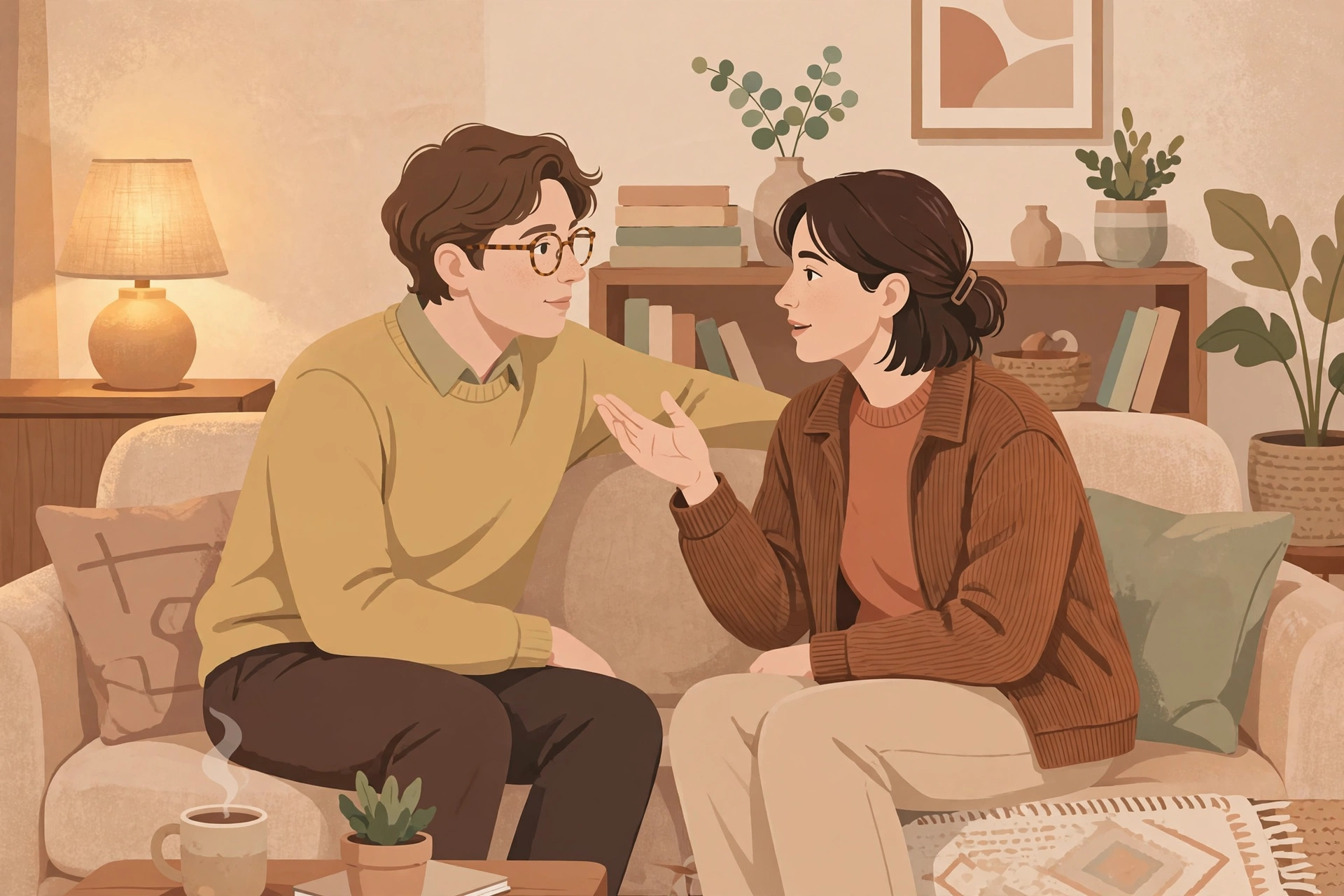 Couple on a couch in an attentive conversation showing positive nonverbal cues in relationships