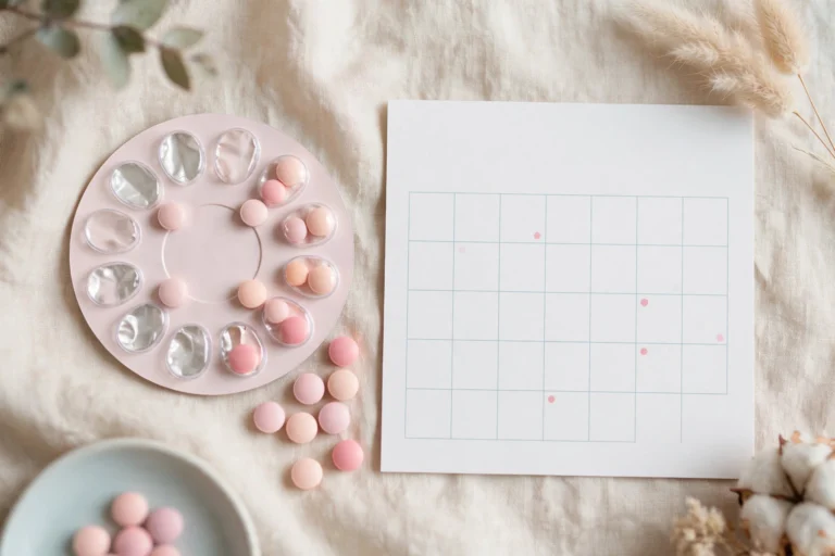 Flat-lay of a birth control pill pack beside a calendar with marked spotting days, illustrating spotting on birth control and what's normal during the adjustment period