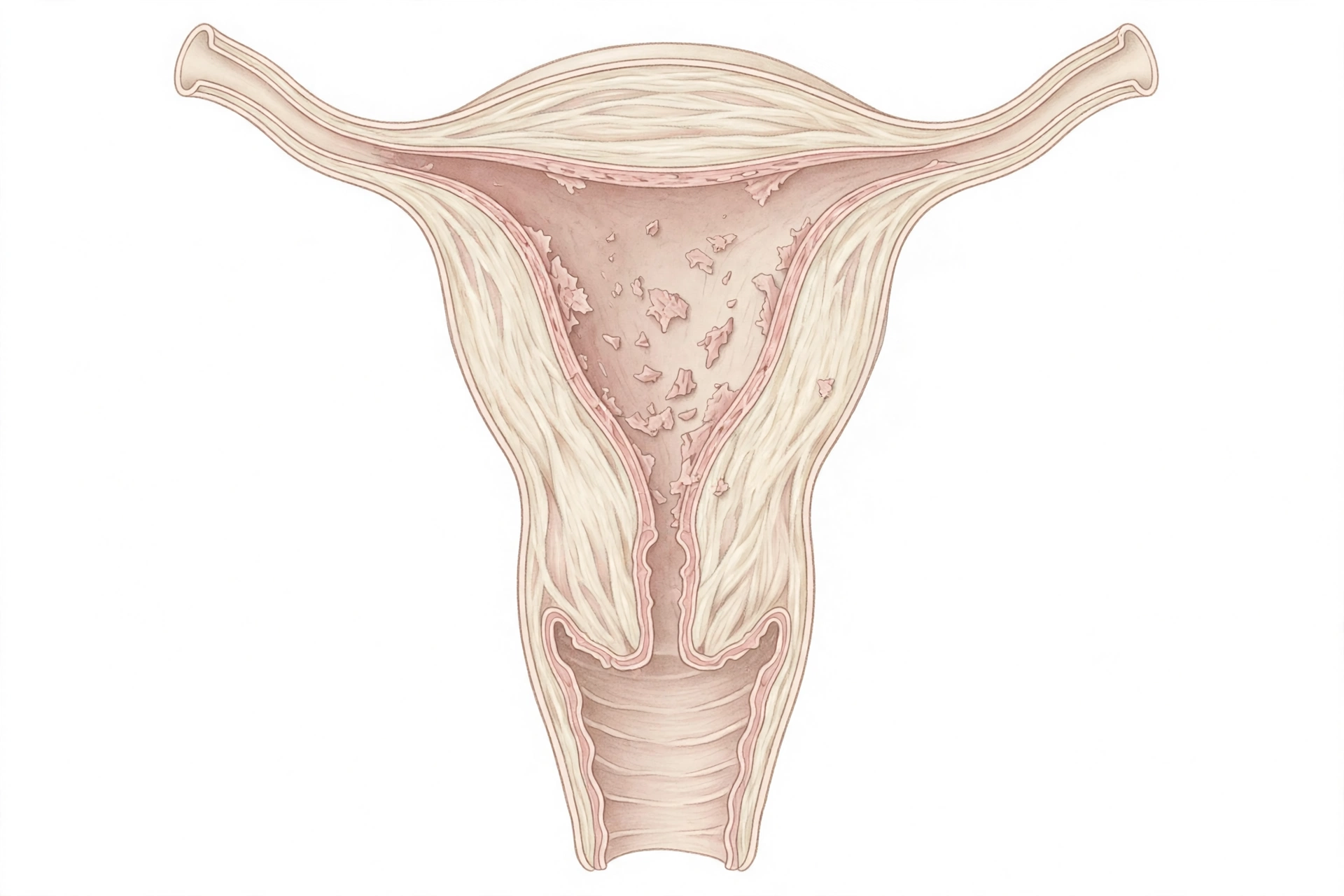 Soft pastel anatomical illustration of the uterus showing a thin endometrial lining that can cause light spotting on birth control