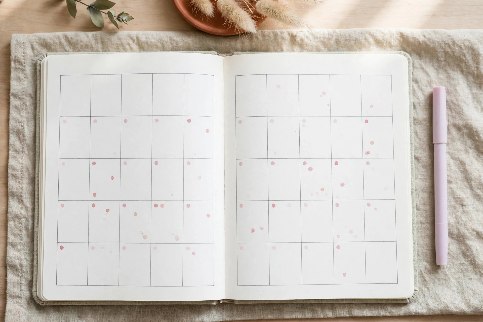 Health journal open to a cycle-tracking calendar with dots marking spotting days, used to track breakthrough bleeding patterns