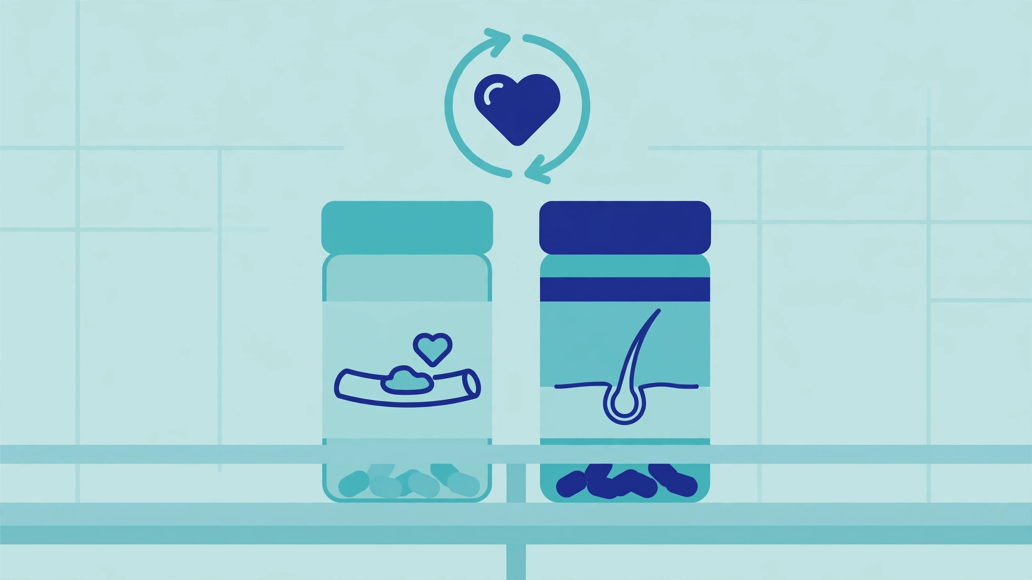 Flat vector illustration of statin and finasteride pill bottles on a pharmacy shelf