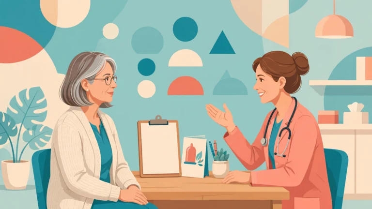 Doctor discussing sti risk after menopause with a patient in a bright clinic, flat medical illustration