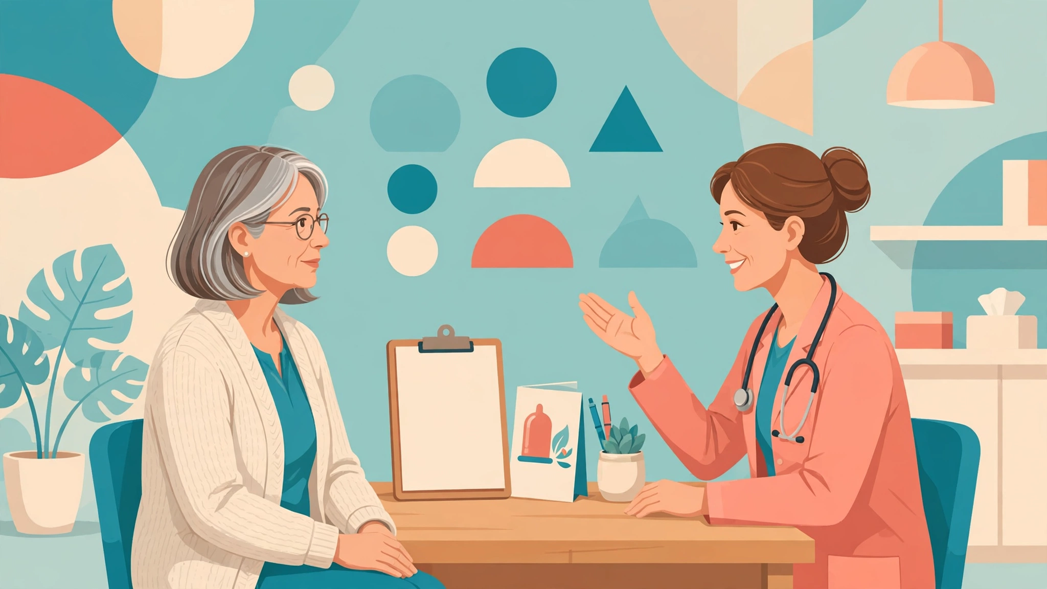 Doctor discussing sti risk after menopause with a patient in a bright clinic, flat medical illustration