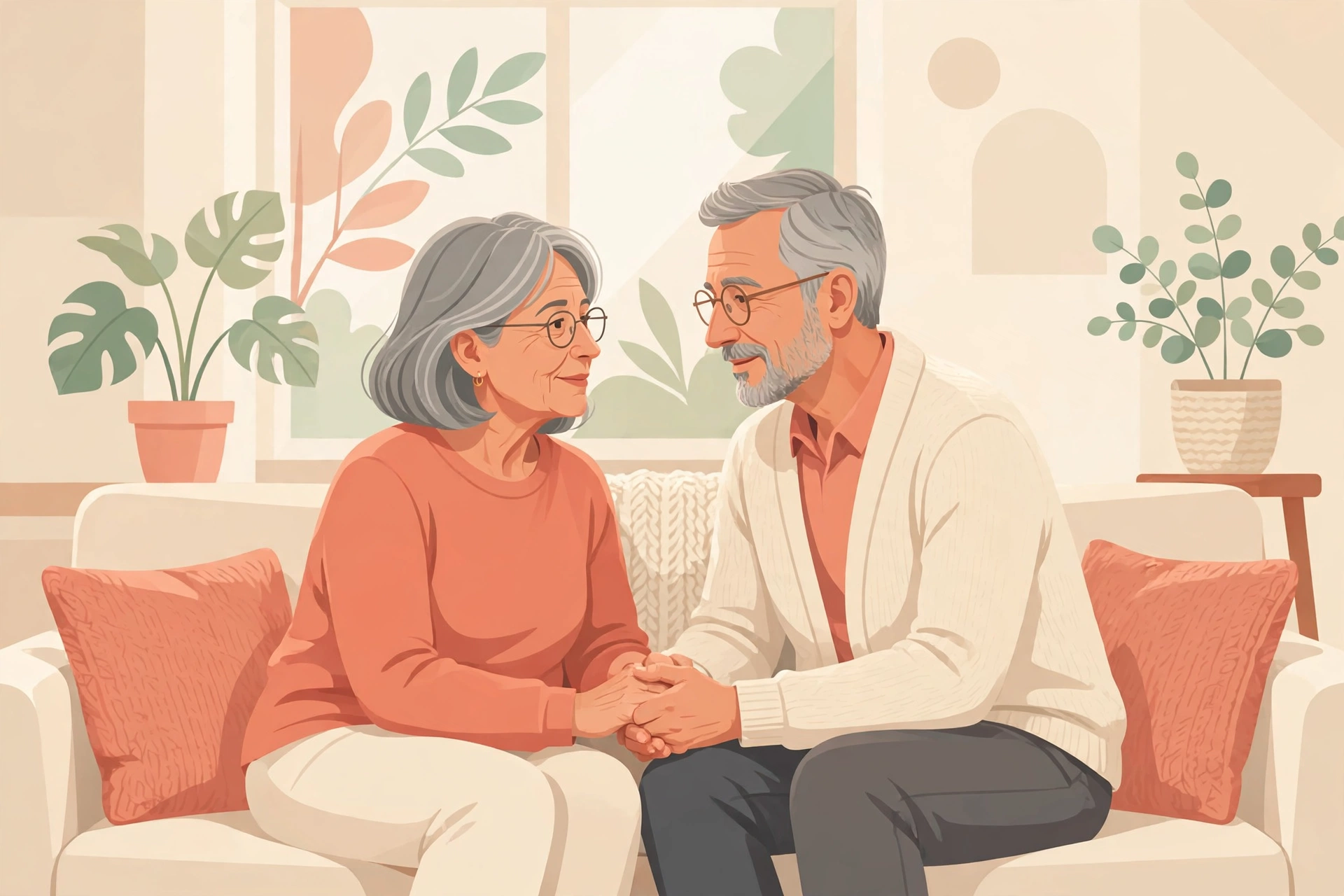 Flat vector illustration of a couple in their 60s talking warmly at home about sexual health