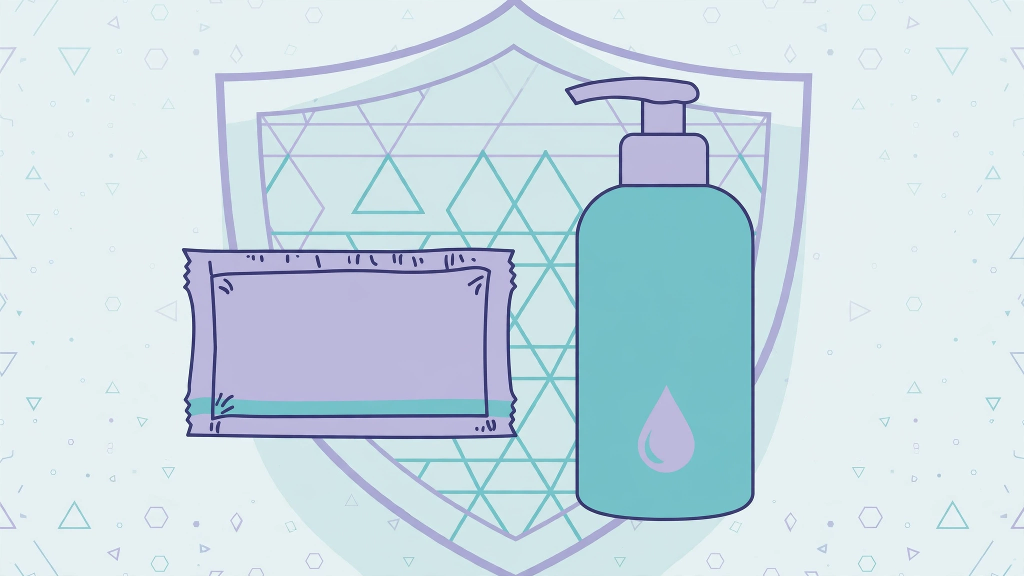 Flat medical illustration of an external condom and water-based lubricant as safe sex tools addressing stis and menopause for postmenopausal women