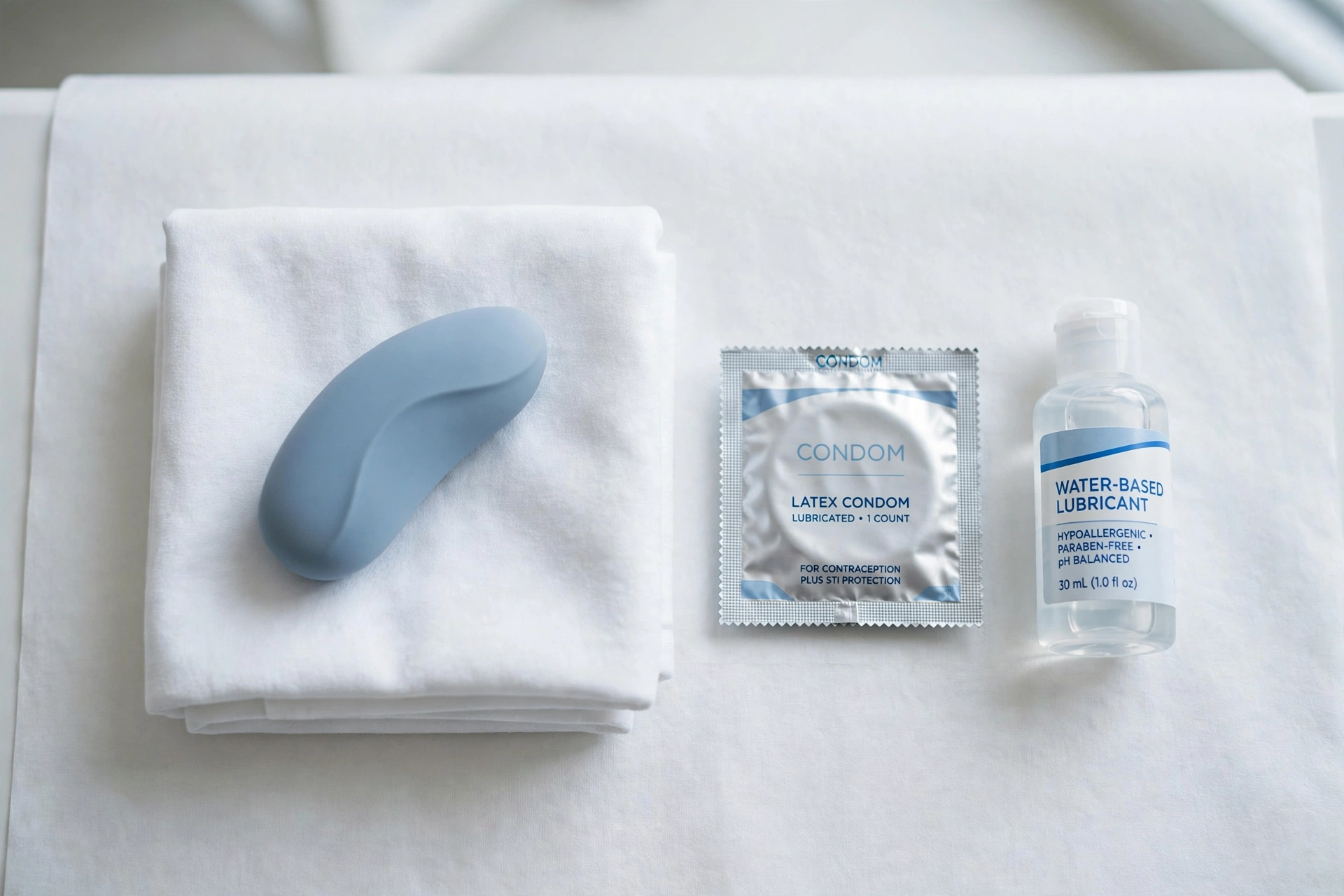 Clean flat-lay on a white clinical surface: a smooth silicone personal health device on a folded white towel beside a sealed condom wrapper and a bottle of water-based lubricant
