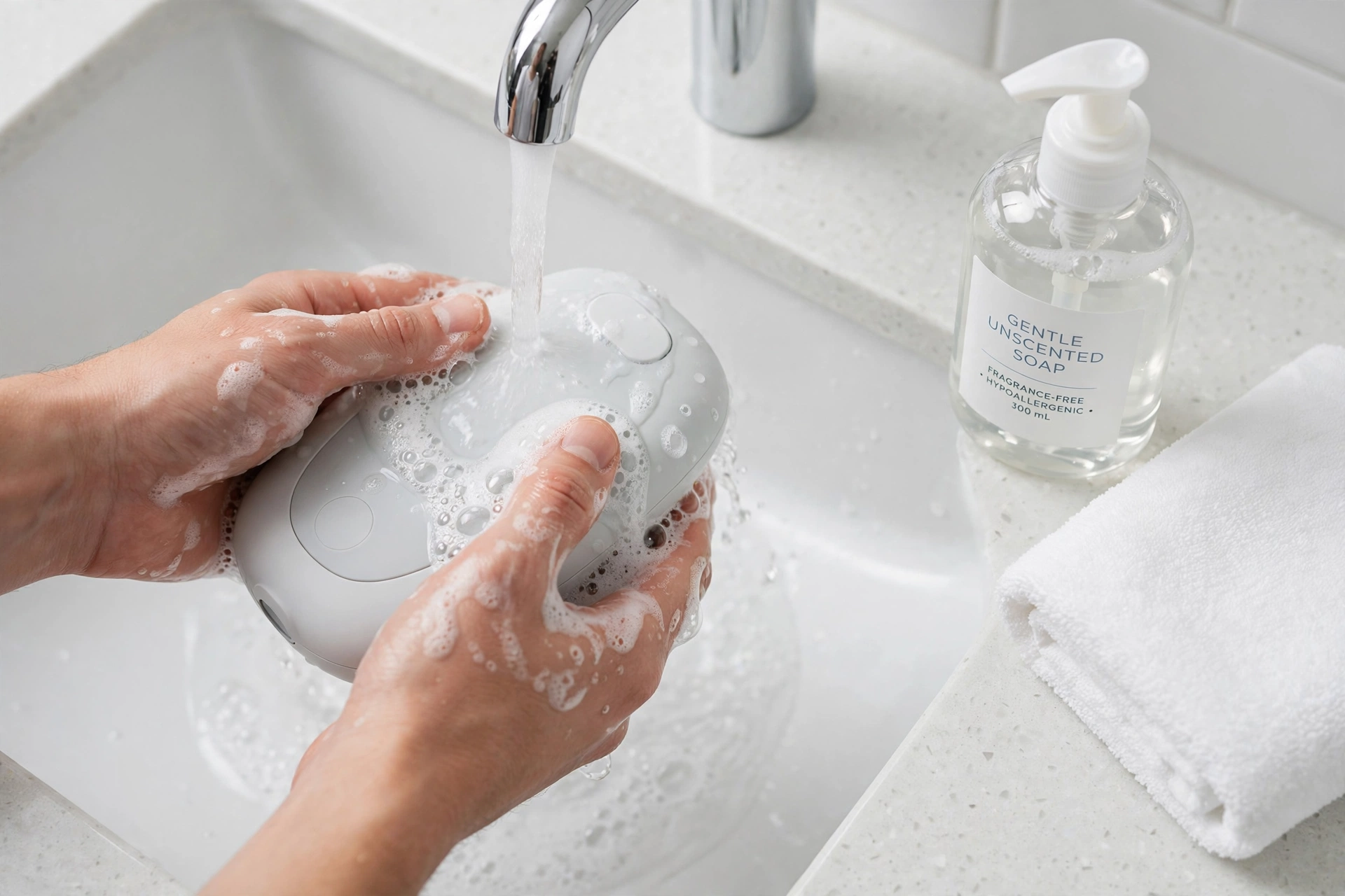 Hands washing a smooth personal health device under running tap water with soap suds in a clean bathroom sink