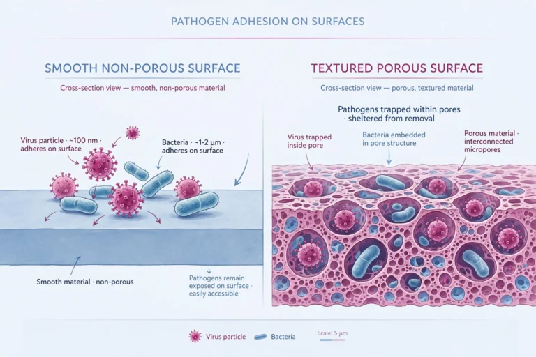 Scientific illustration comparing microscopic pathogens on a smooth non-porous surface and a textured porous surface, showing the sti risk sex toys can carry