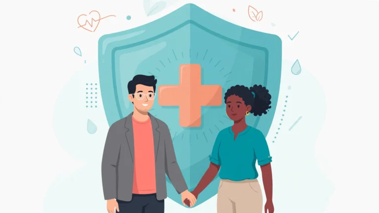 Illustration of sti stigma couples testing: couple holding hands behind a protective medical shield