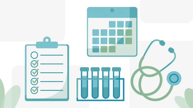 Clinical illustration for this STI testing guide: checklist, test vials, and calendar