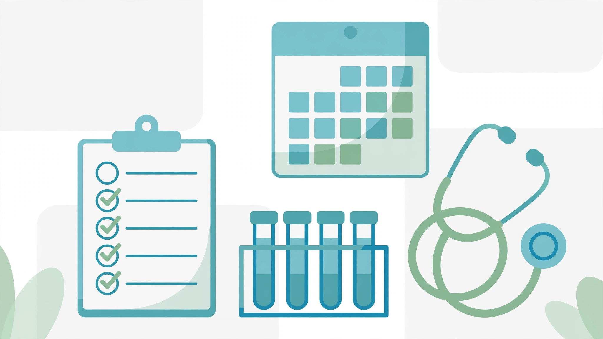 Clinical illustration for this STI testing guide: checklist, test vials, and calendar