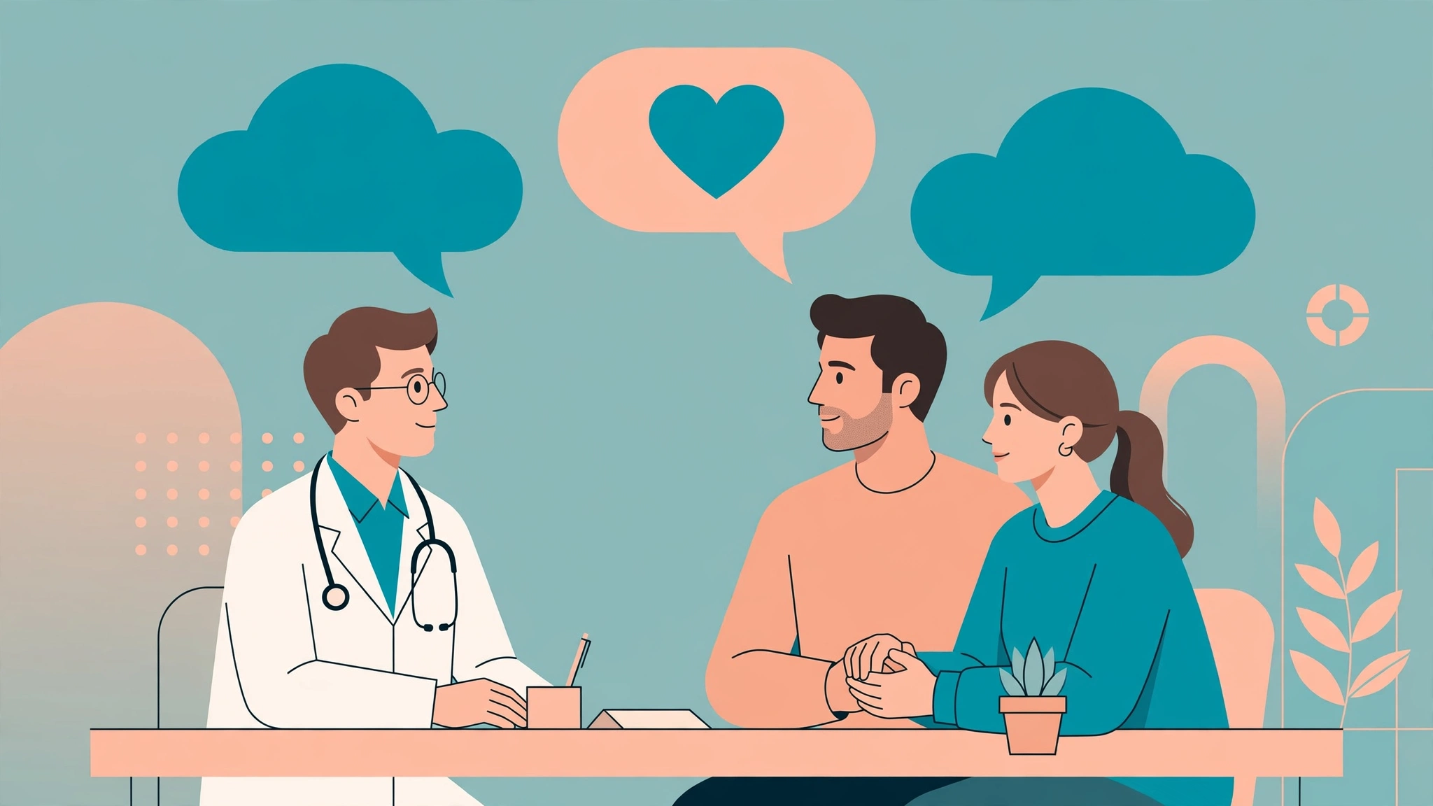 Illustration of a couple in a sexual health consultation with a doctor