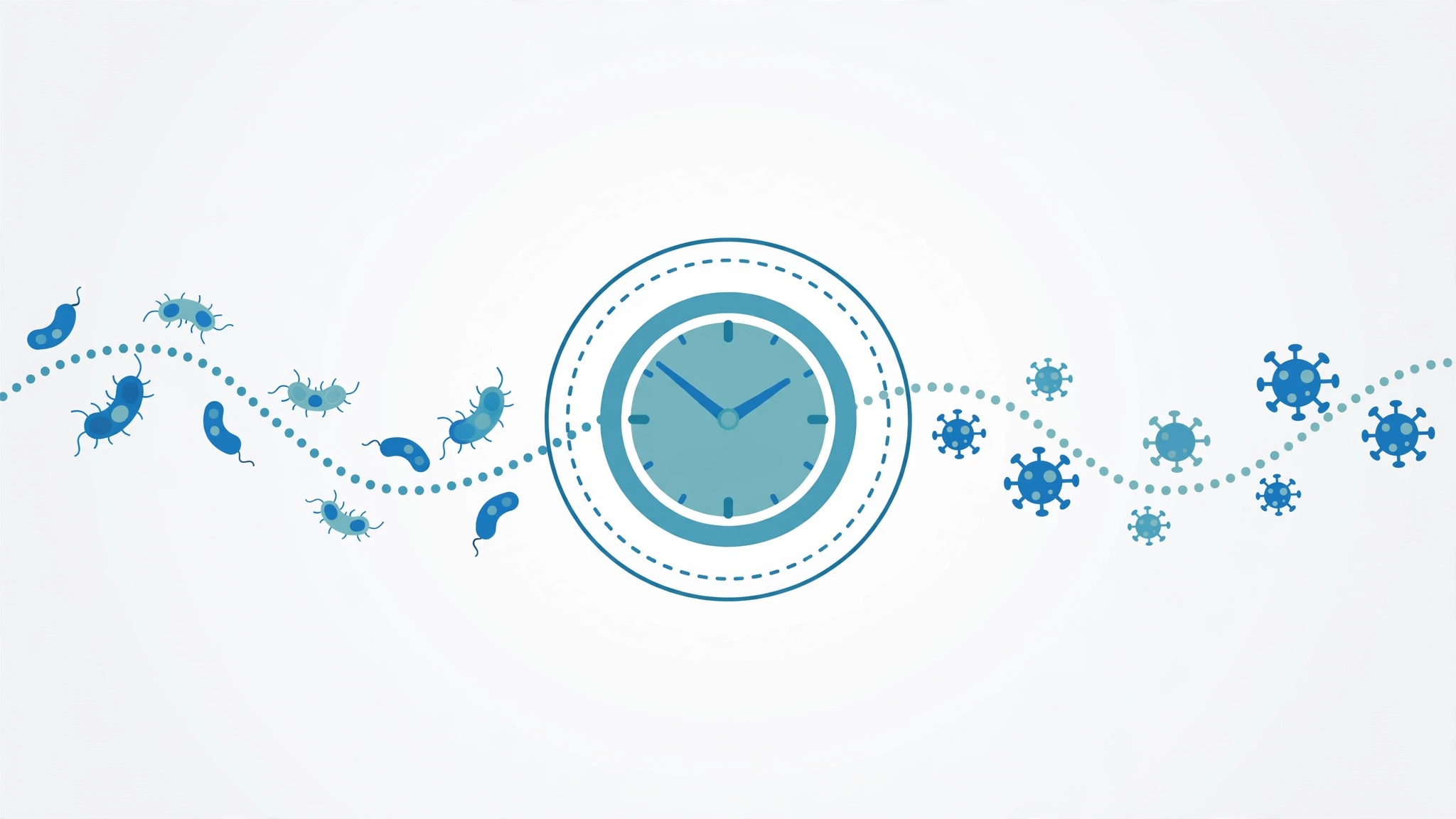 Flat vector medical illustration of an STD window period testing timeline with clock and pathogen icons
