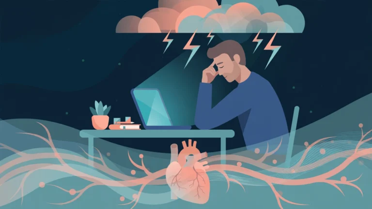 Flat medical illustration of a stressed man at a desk at night with a storm motif and heart-and-blood-vessel symbols, representing stress and erectile dysfunction