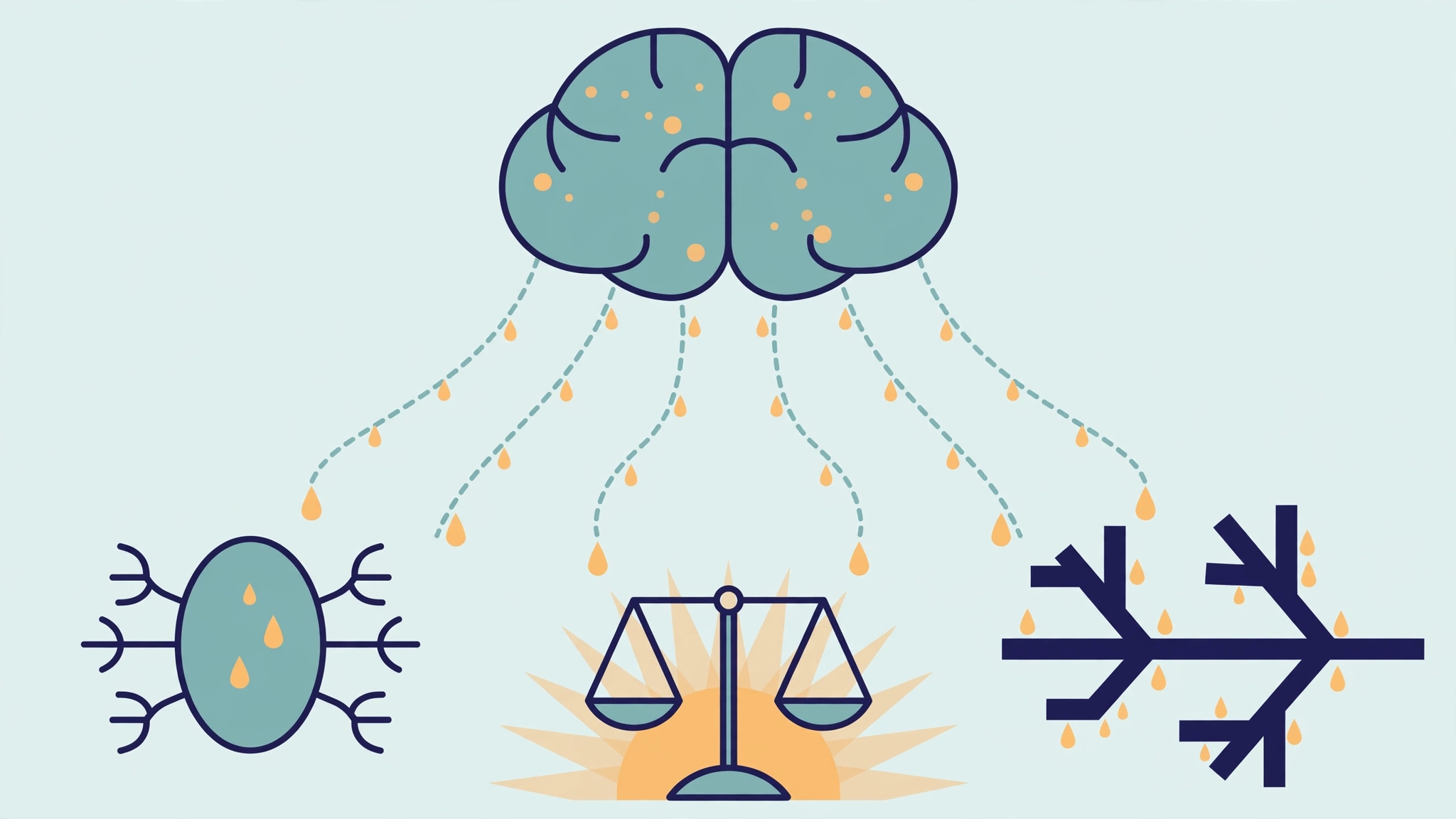 Abstract medical illustration showing the link between stress and erectile dysfunction: the brain releasing signals toward hormone and blood-vessel symbols