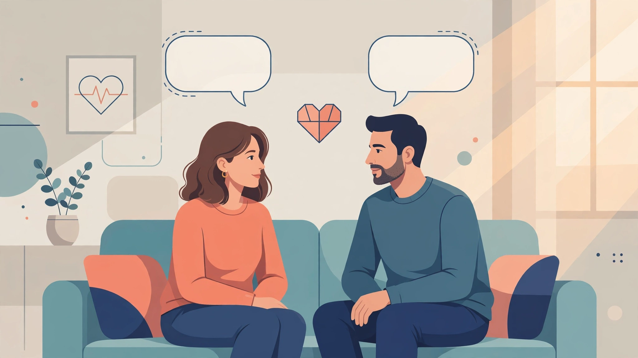 Supportive couple sitting together having a calm conversation, representing how to talk to a partner about erectile dysfunction