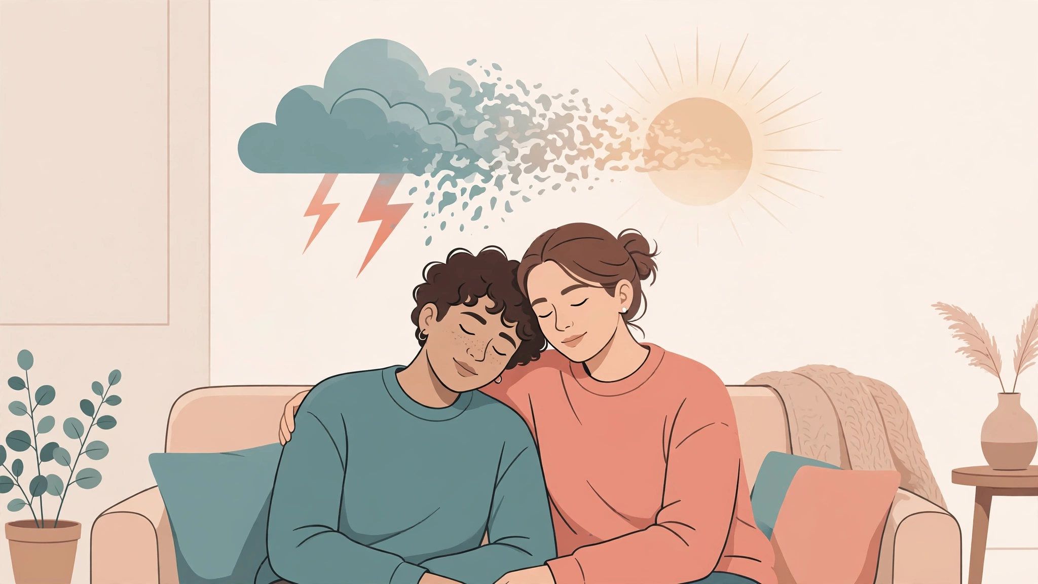 Illustration showing how stress anxiety affect intimacy between partners, with stress dissolving into calm connection