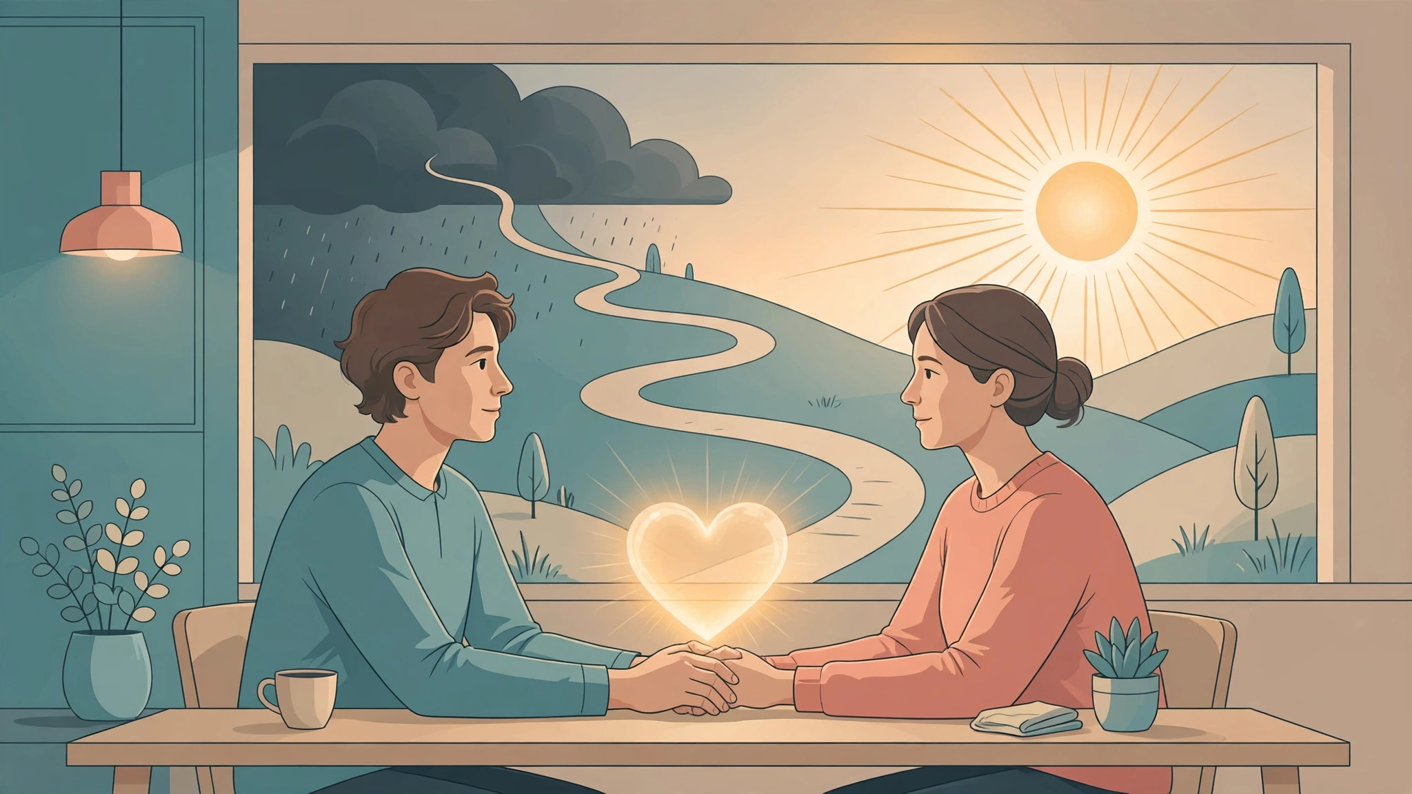 Couple talking calmly together as they rebuild intimacy and emotional closeness