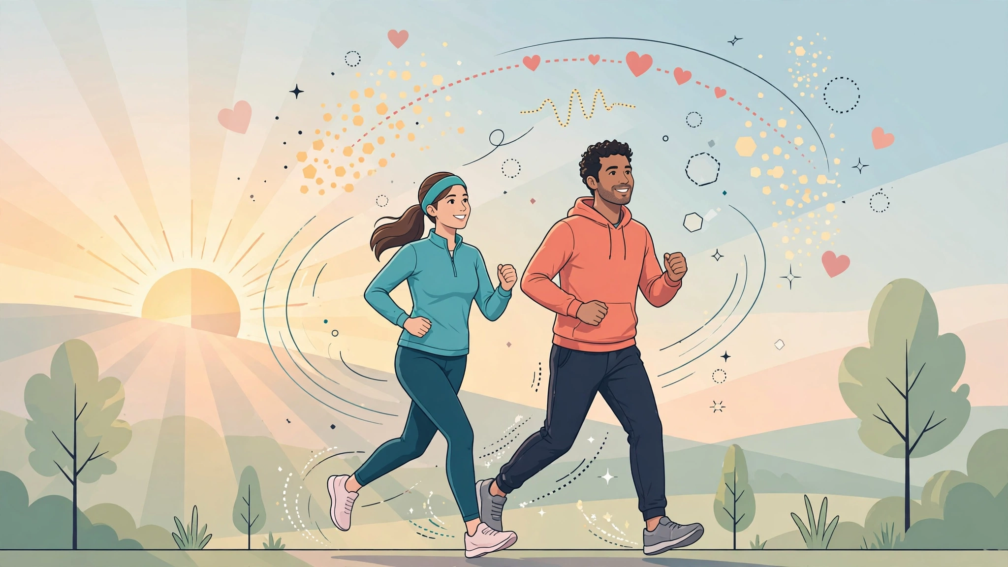 Couple exercising together outdoors as part of stress management for a healthier sex life routine
