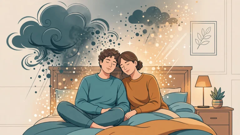 Illustration showing stress management for a healthier sex life, with a calm couple as stress clouds dissolve into warm light.