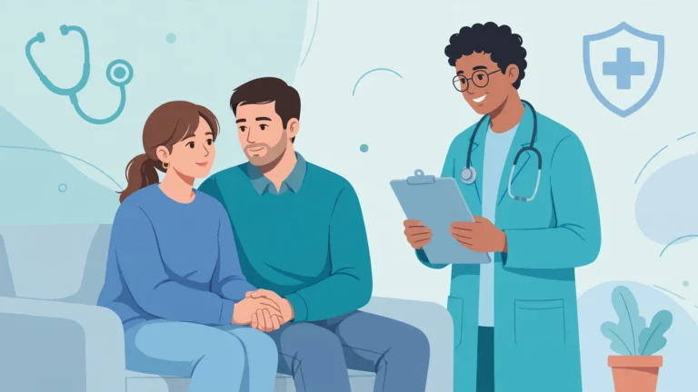 Couple and doctor discussing how to talk to partner about sti testing in a calm clinical setting