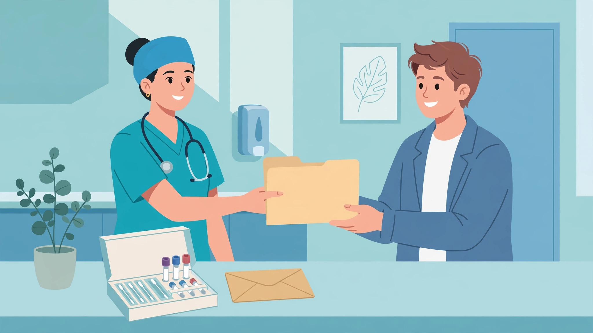 Illustration of an STI test kit and clinic visit after a couple decides to talk to partner about sti testing