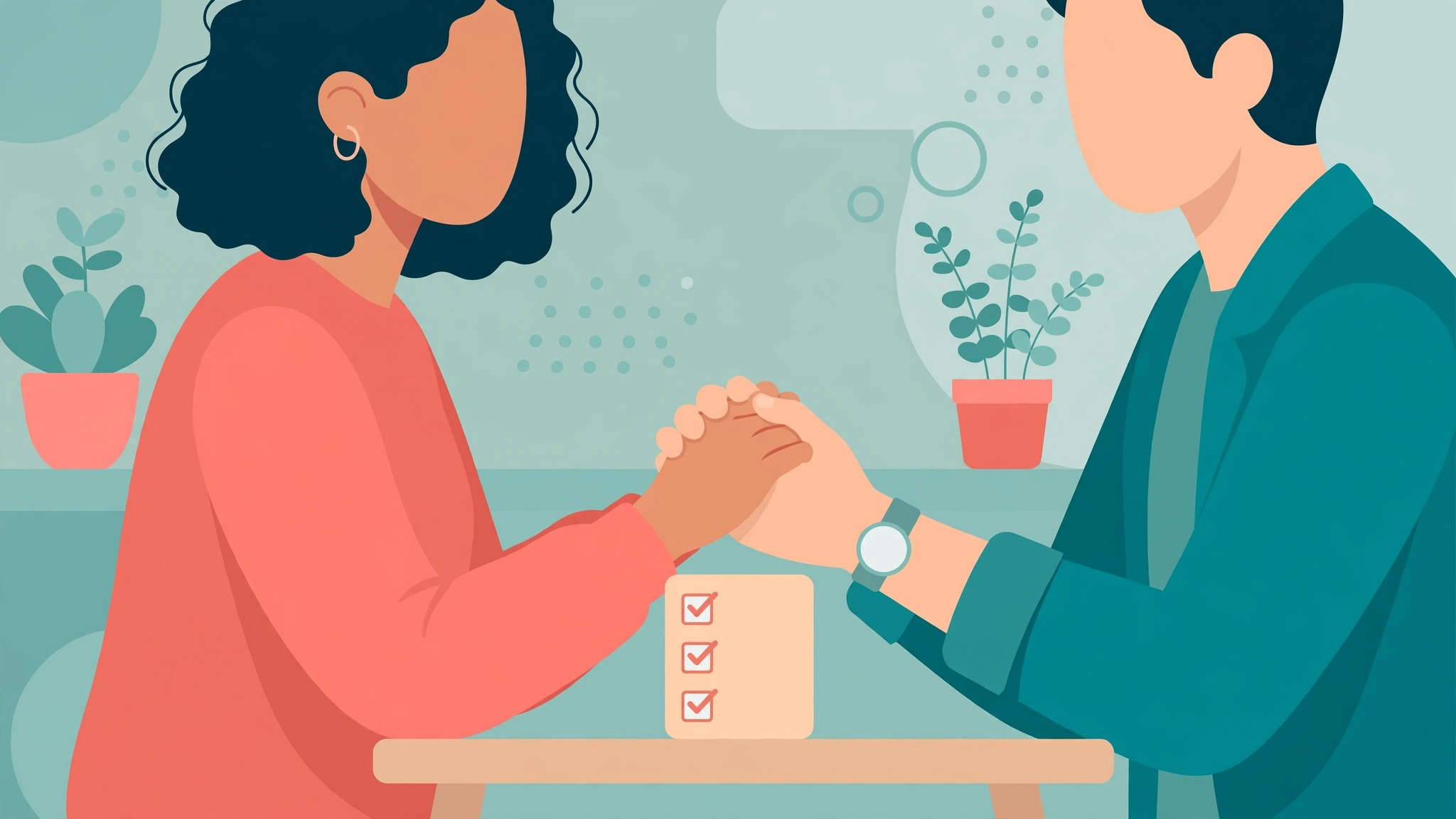 Partners holding hands over a checklist while talking about sex with partner