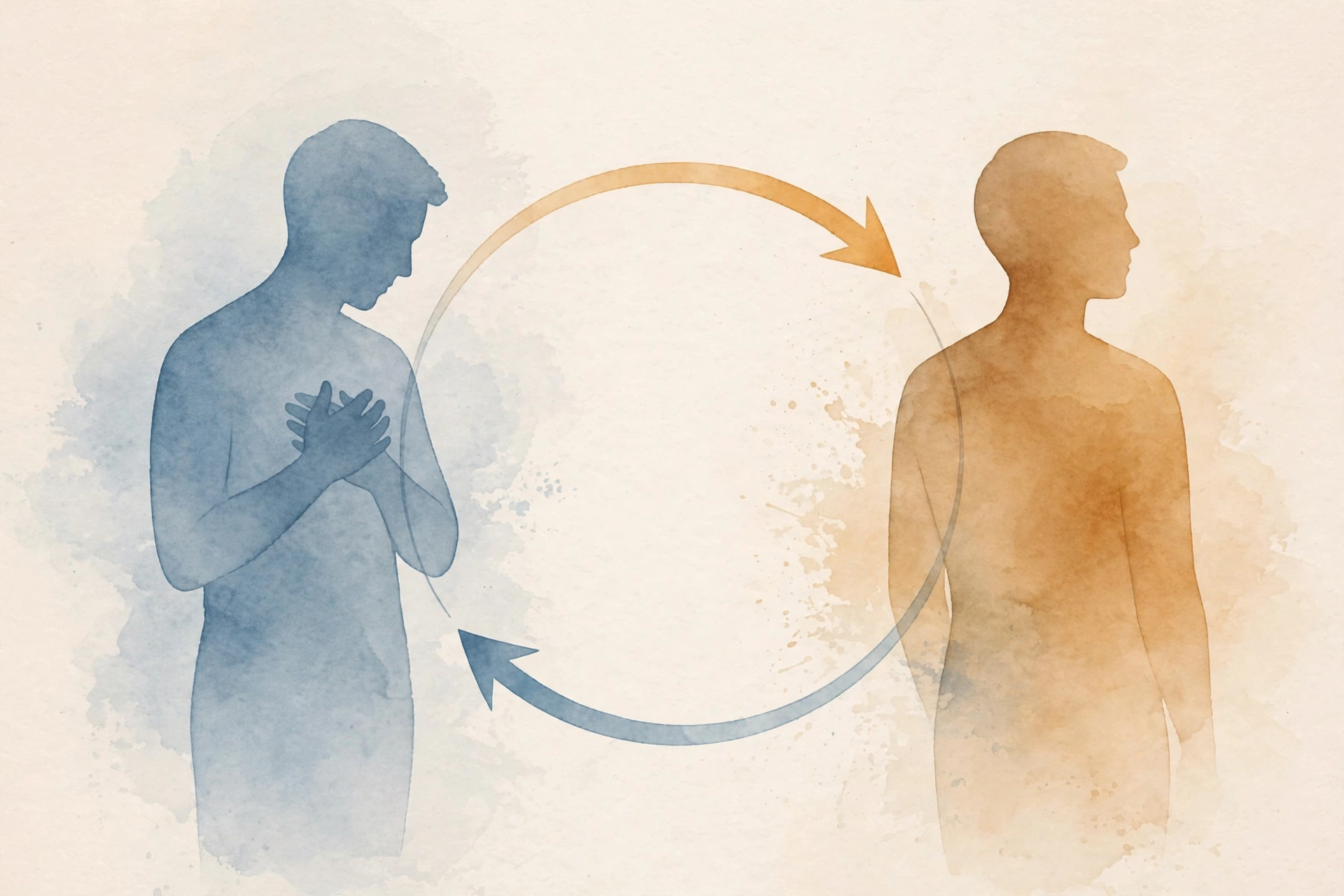 Abstract illustration of a couple's looping conflict cycle with circular arrows between two silhouettes, showing how emotionally focused therapy for couples maps negative interaction patterns