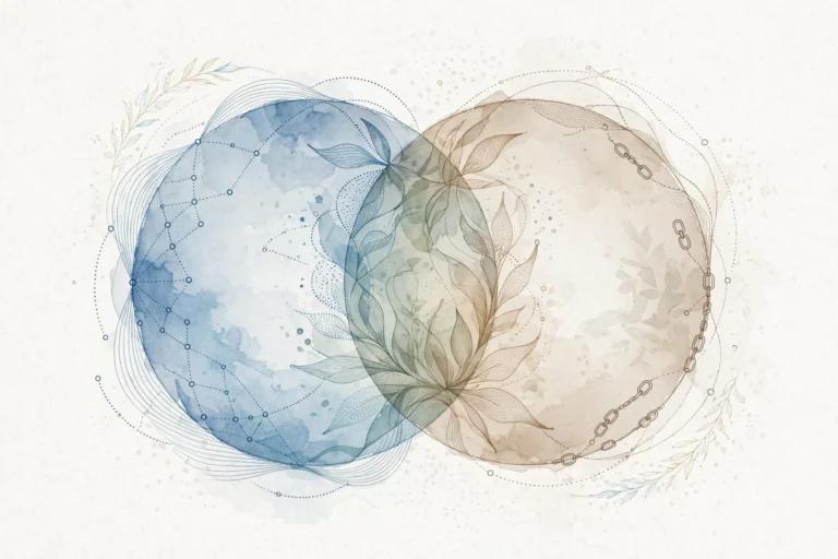 Watercolor illustration of two interlocking circles symbolizing trust and communication — a visual metaphor for BDSM safety for beginners