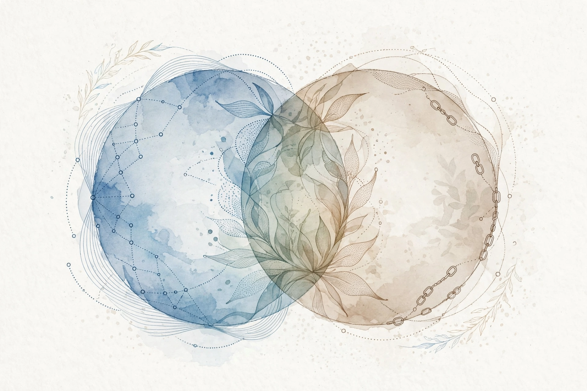Watercolor illustration of two interlocking circles symbolizing trust and communication — a visual metaphor for BDSM safety for beginners