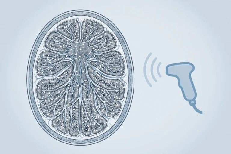Clinical anatomical illustration of testicular microlithiasis explained: tiny calcium deposits scattered as bright specks inside the testicle's tubules, beside an ultrasound probe
