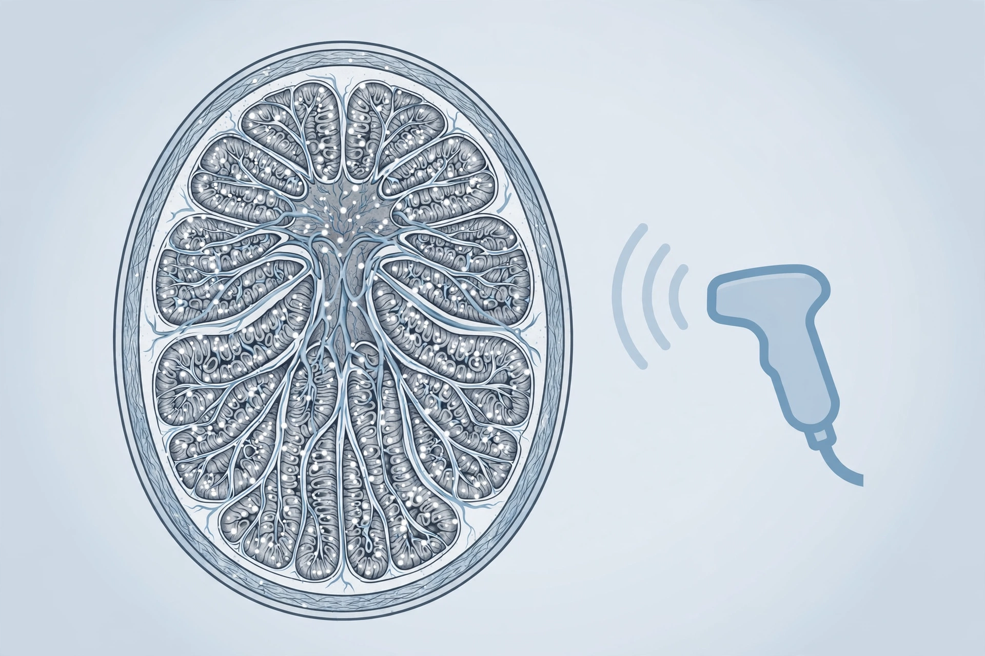 Clinical anatomical illustration of testicular microlithiasis explained: tiny calcium deposits scattered as bright specks inside the testicle's tubules, beside an ultrasound probe