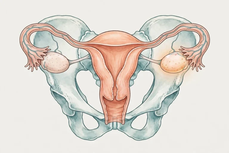 Clinical medical illustration of the female pelvic anatomy highlighting the ovaries, relevant to recognizing ovarian cancer early signs