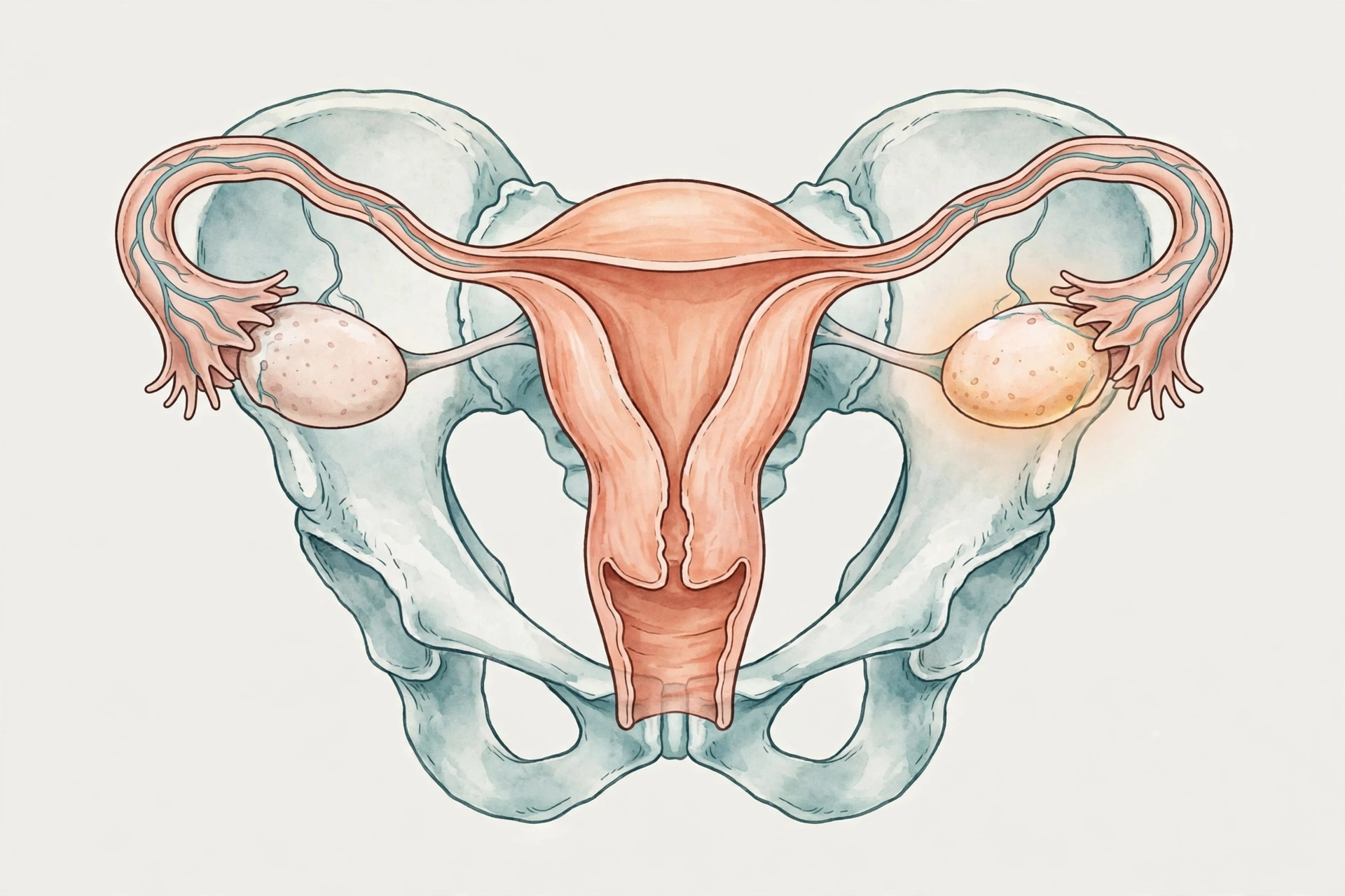 Clinical medical illustration of the female pelvic anatomy highlighting the ovaries, relevant to recognizing ovarian cancer early signs