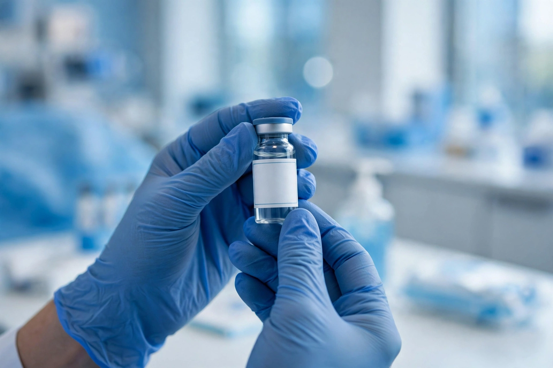 Gloved hands holding an HPV vaccine vial in a bright clinical setting