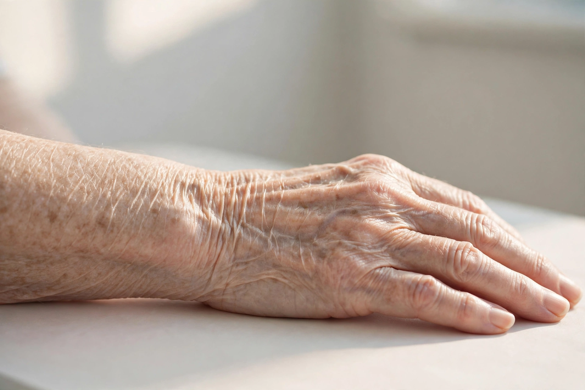 Close-up photograph of thin, wrinkled, fragile skin on a forearm, an illustration of lichen sclerosus symptoms