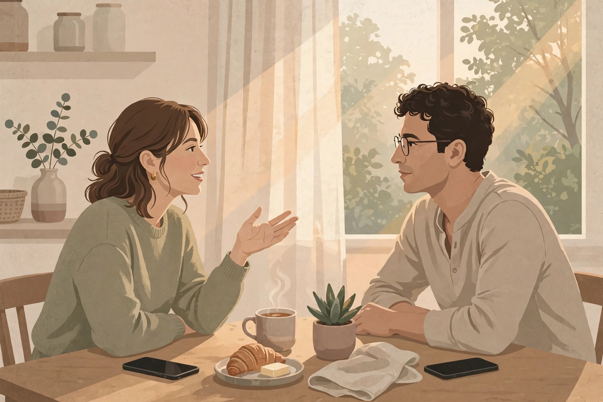 A couple having an attentive face-to-face conversation at a sunlit kitchen table with both phones set face-down beside them, showing a phone-free quality-time boundary — a practical example of social media boundaries couples can agree on.