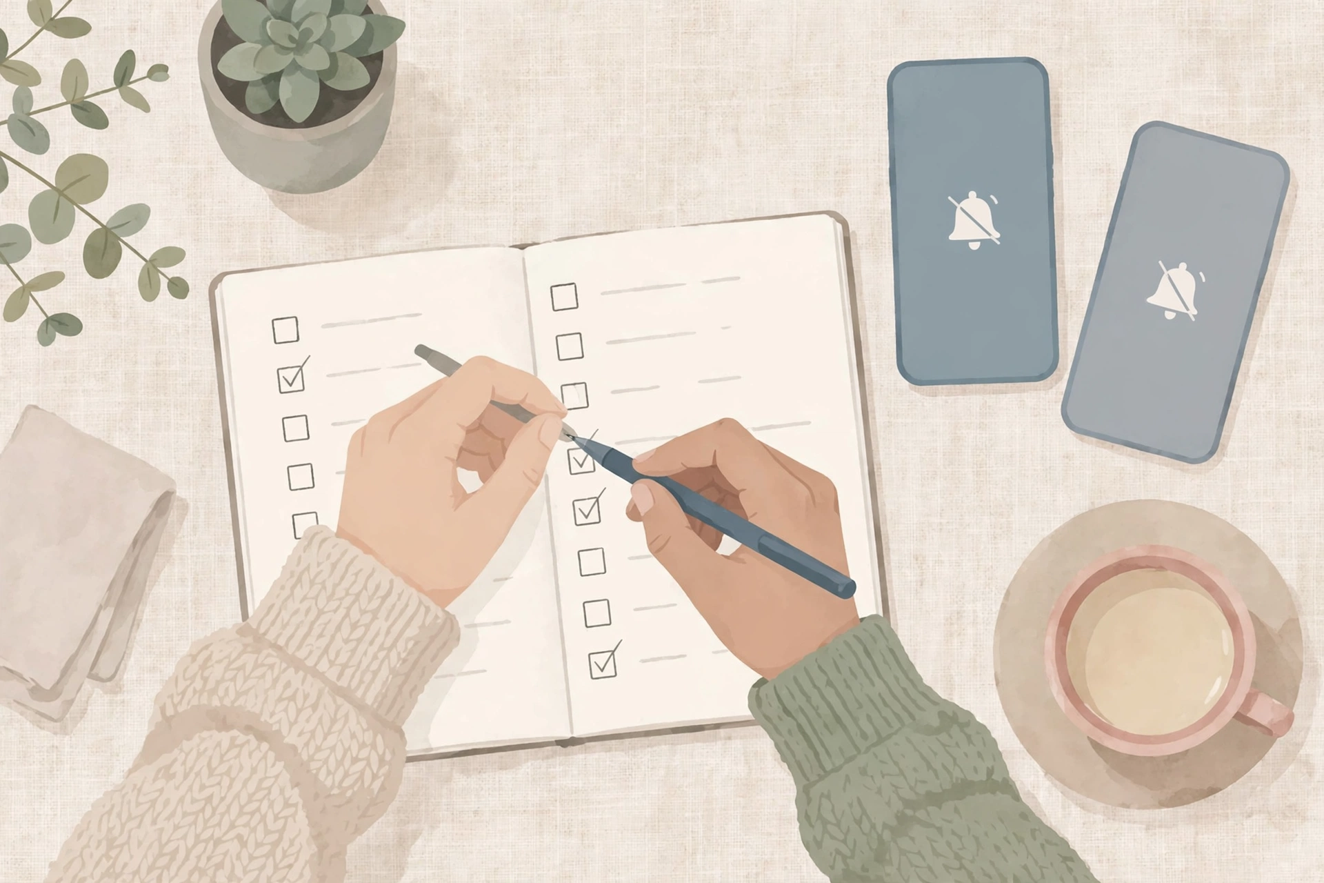 Top-down view of a couple writing a shared digital-life agreement in a notebook with checkboxes, with two silenced phones resting nearby.