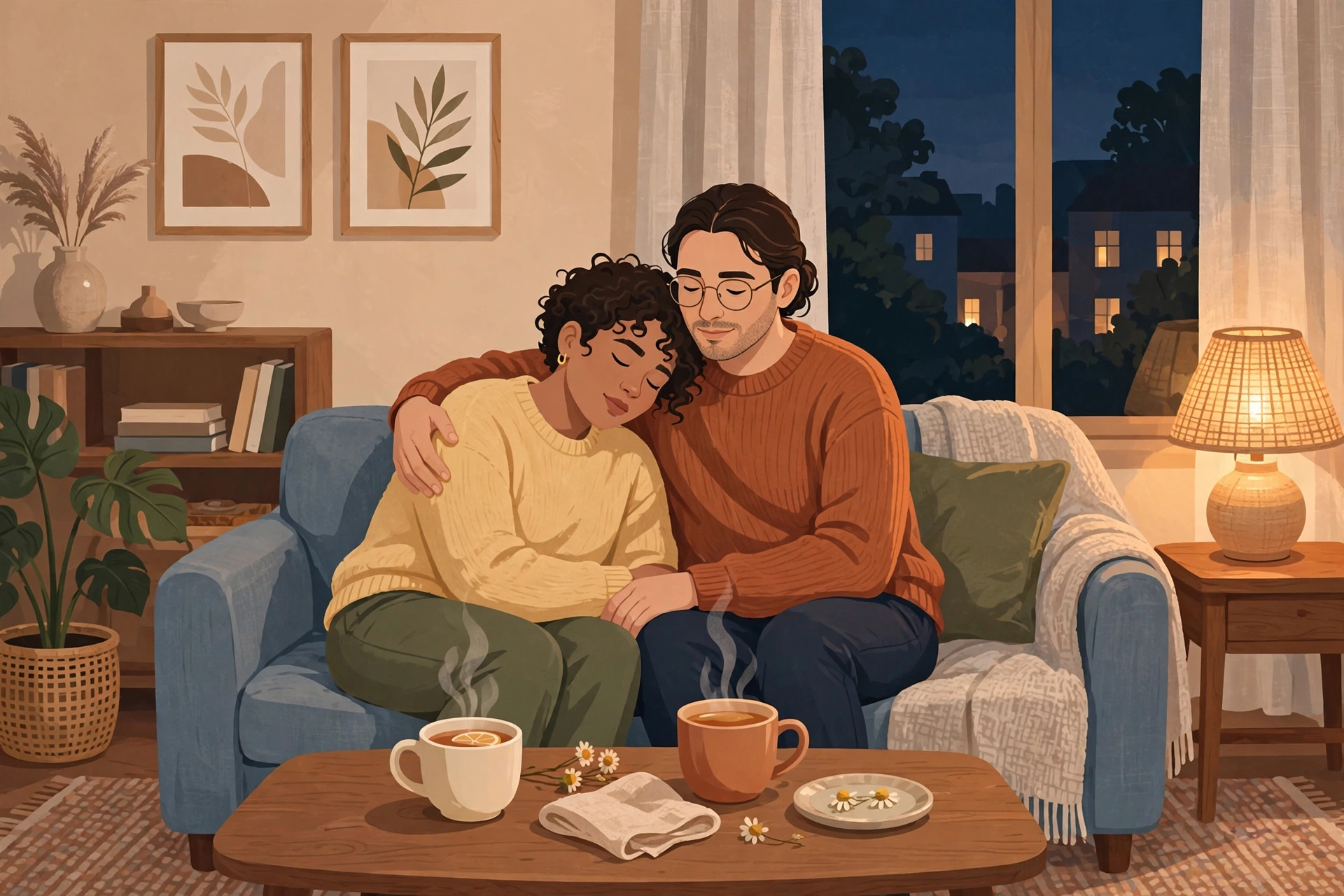 supporting partner career - Editorial illustration of a couple in a warm living room, one partner comforting the other after a difficult day