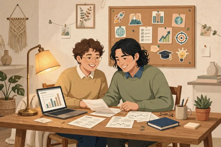 Illustration of a couple reviewing career documents and a laptop together at a desk, representing supporting partner career