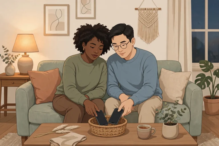 Editorial illustration of a couple placing their smartphones into a woven basket on the coffee table, setting social media boundaries for couples in a warm lamplit living room.