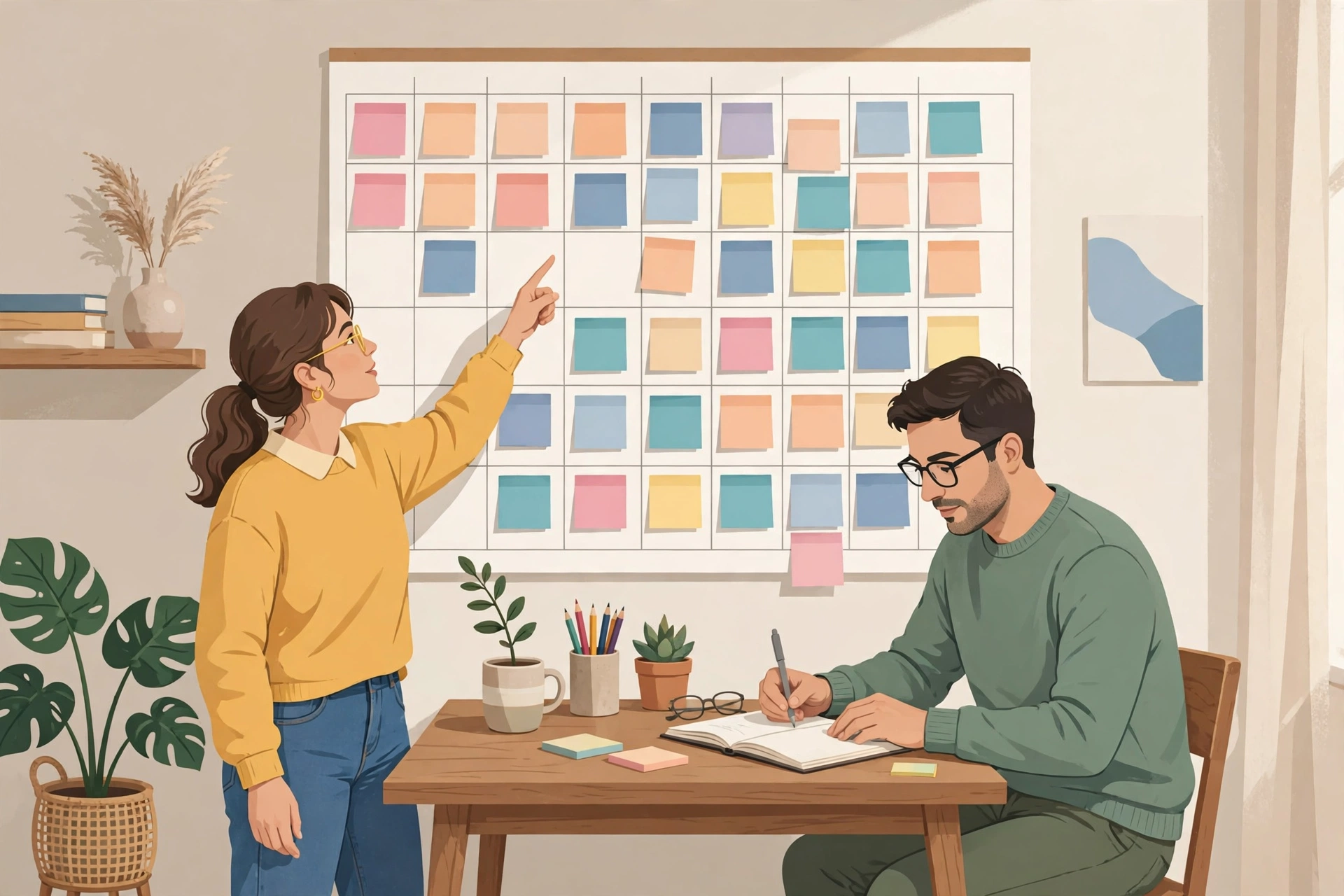 supporting partner career - Editorial illustration of a couple planning their careers together with a wall calendar and milestone sticky notes