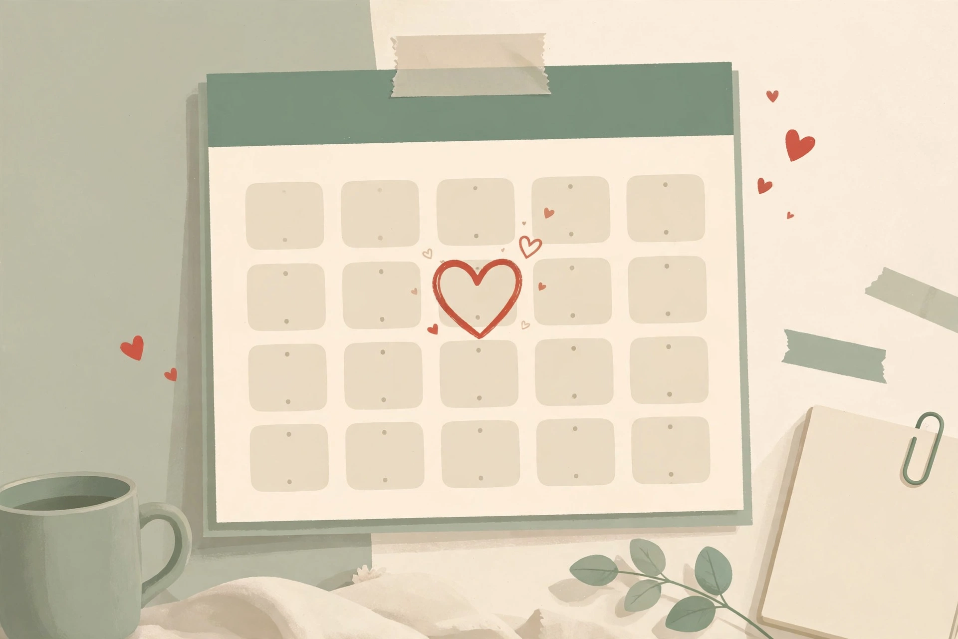 Flat illustration of a calendar with a heart-circled date, representing scheduling dedicated connection time for couples working on desire differences