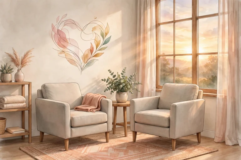 Illustration of a calm therapist's office with two armchairs and a sunrise through the window, symbolizing sexual trauma intimacy healing