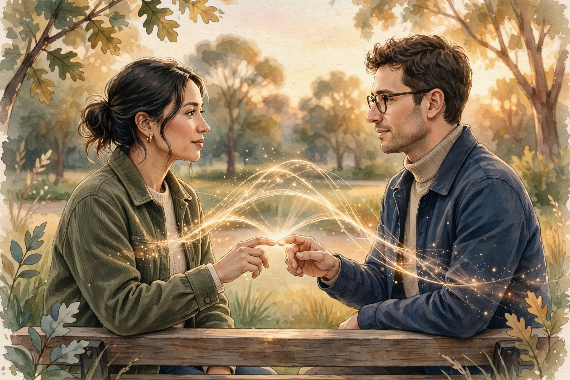 Illustration of a couple seated face to face on a bench at golden hour with a bridge of light between them, symbolizing emotional reconnection through emotionally focused therapy for couples