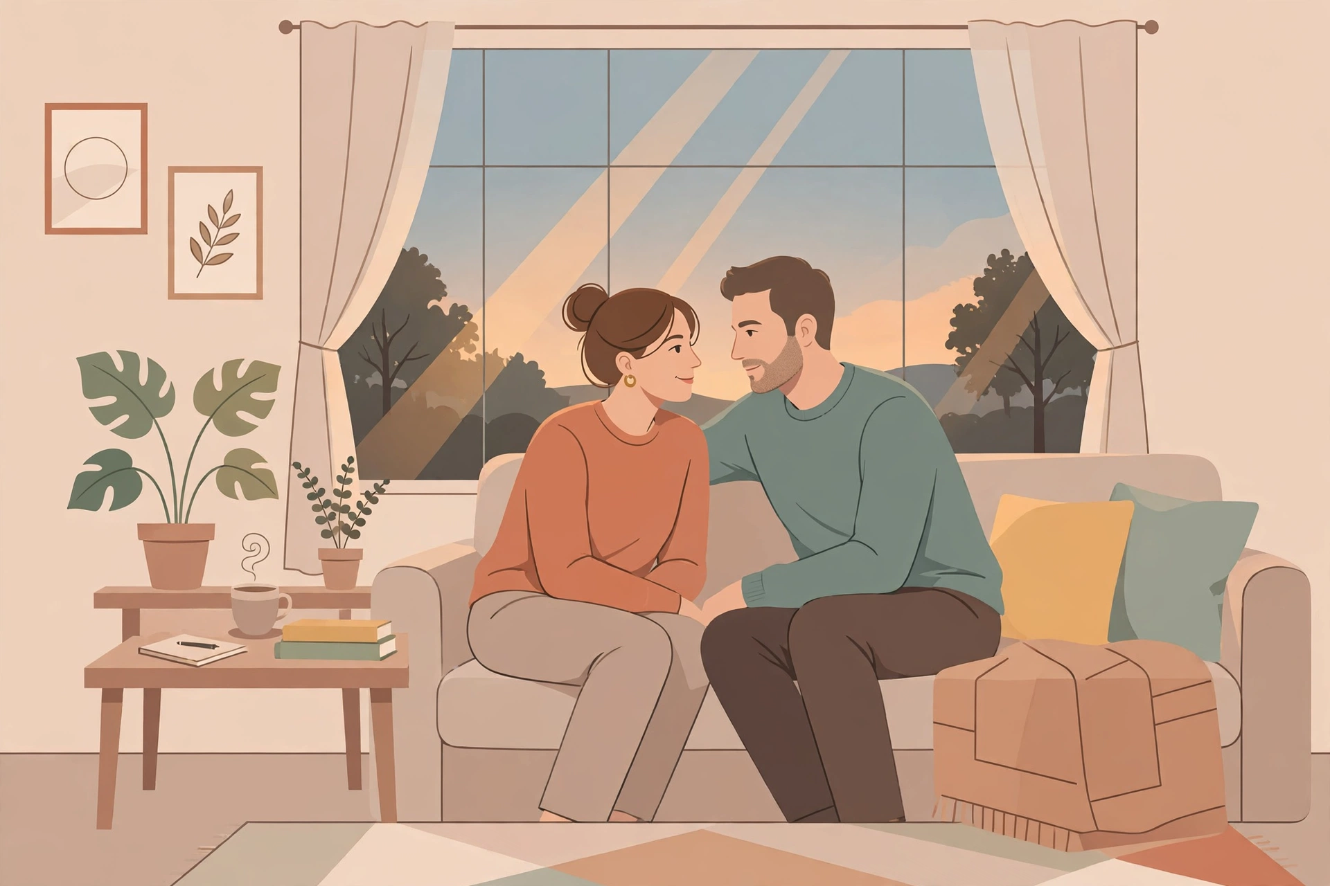 linguistics of conflict - Illustration of a couple leaning toward each other in a calm repair conversation on a sofa in warm evening light after a disagreement