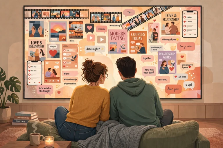 Editorial illustration of a couple watching a glowing media collage, symbolizing media representation of heterosexual relationships