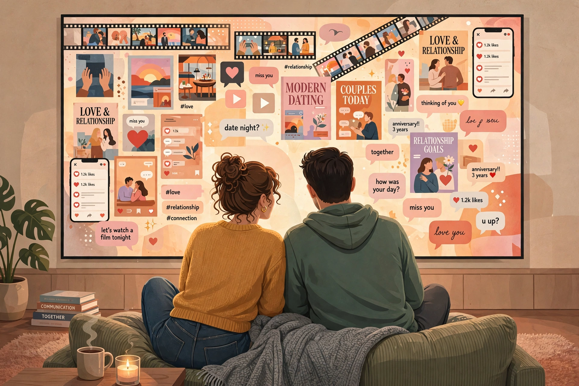 Editorial illustration of a couple watching a glowing media collage, symbolizing media representation of heterosexual relationships