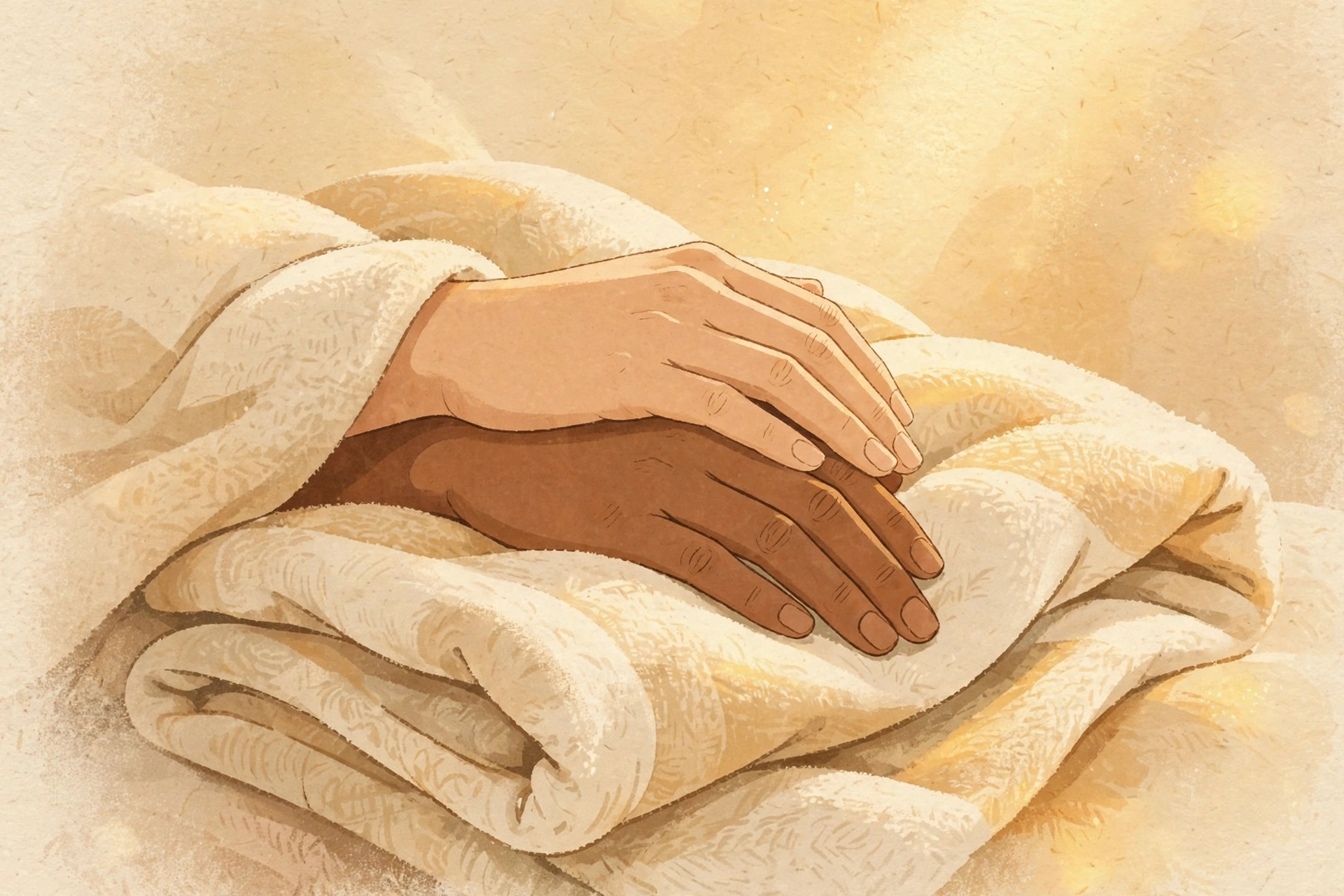 Editorial illustration of two hands resting together in warm light, representing non-demand touch exercises sex therapists use with mismatched sex drives couples